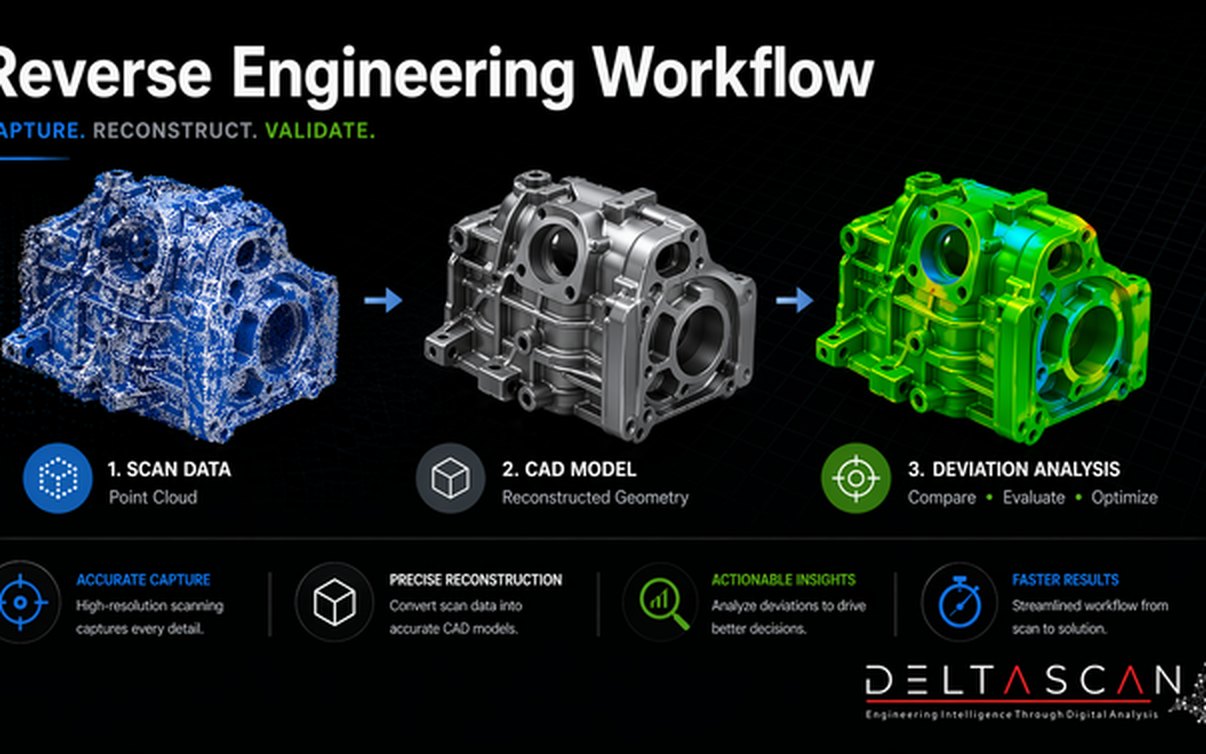 The workflow on one part: point cloud, reconstructed CAD model, then compare and evaluate.
