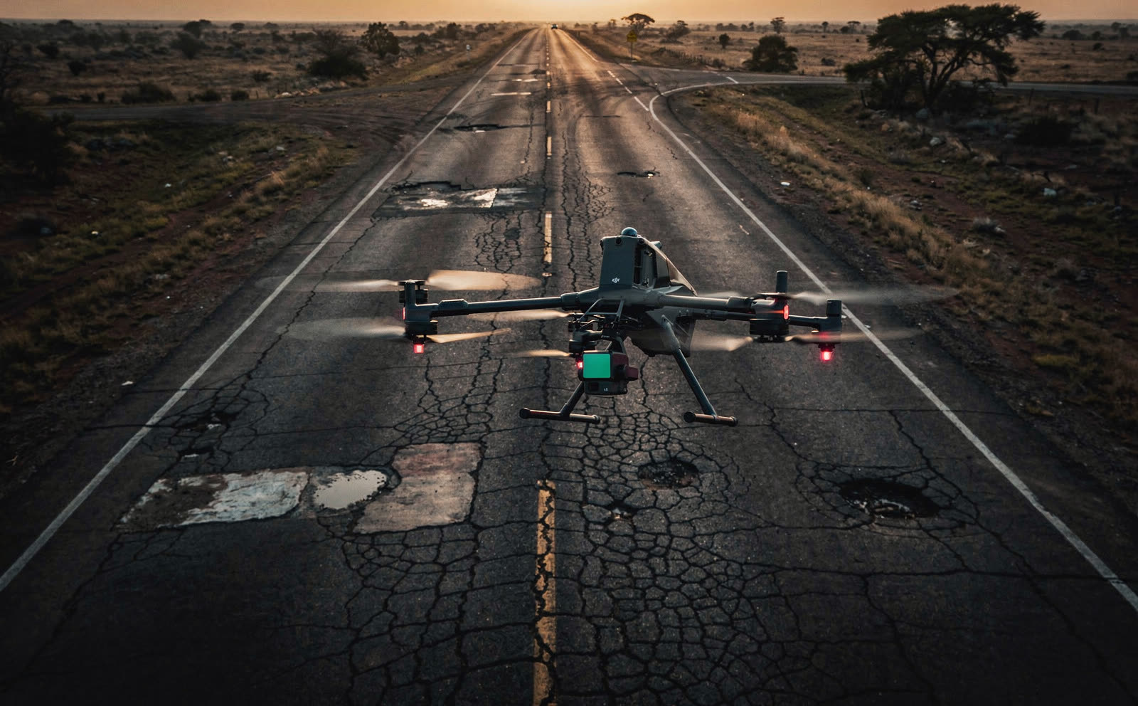 Low-level survey capture of a cracked and pothole-damaged rural road, the raw input for automated condition classification.