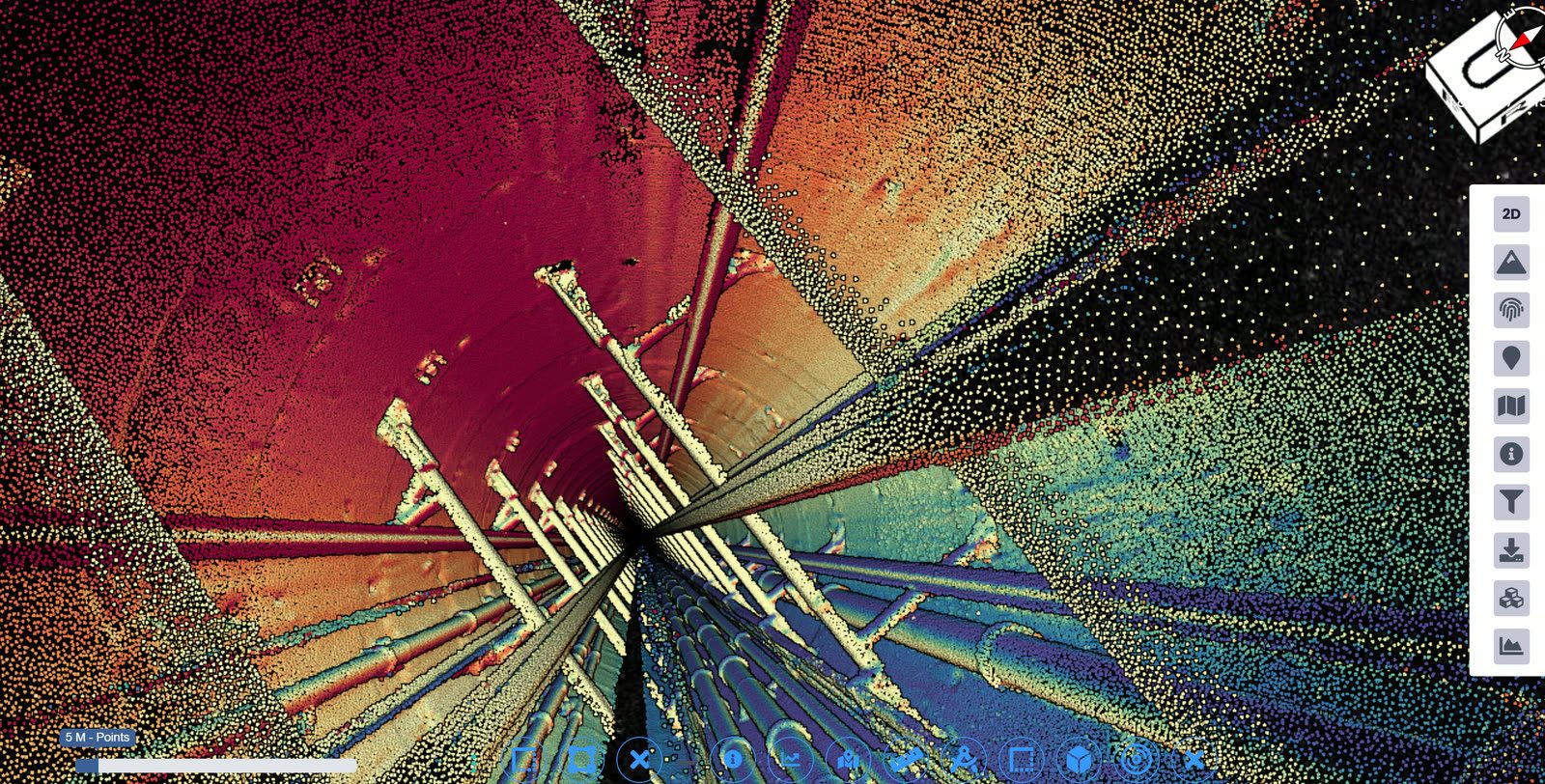 Reconstructed shaft profile from LiDAR-SLAM capture, used to map defects at depth.