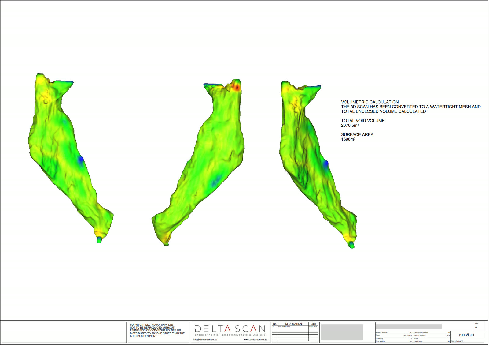 Volumetric model of an ore pass, used to quantify scaling, wear, and remaining capacity.
