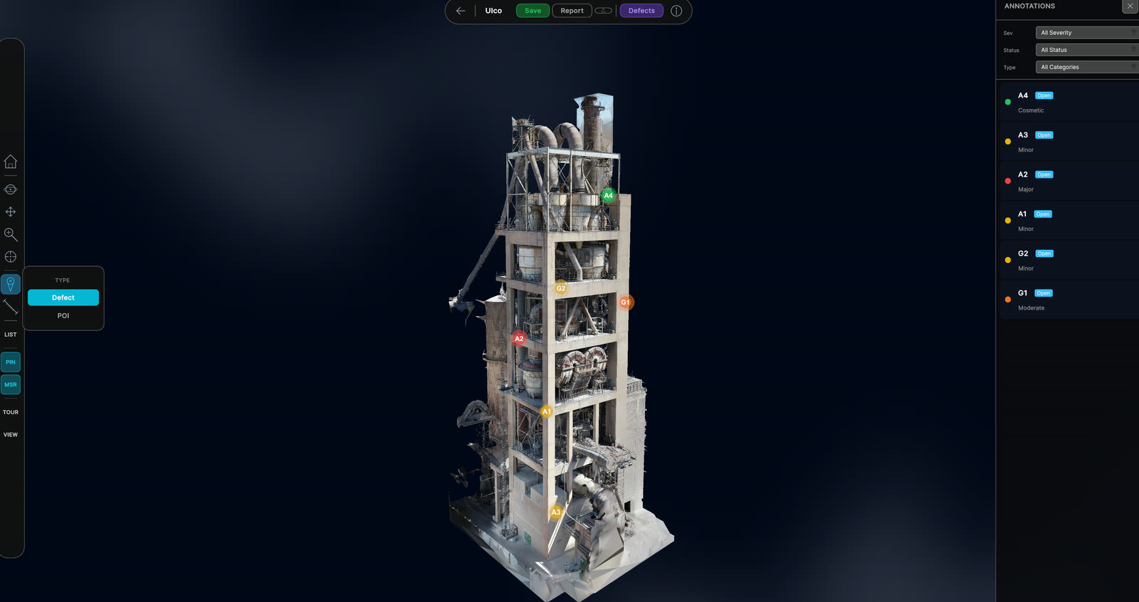 Multi-level plant twin used for remote condition review and defect tracking over time.