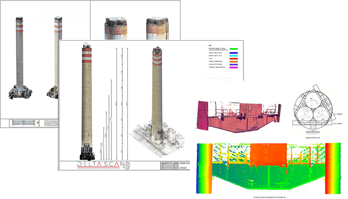 A sample structural assessment deliverable with rectified elevations and a colour-coded defect map
